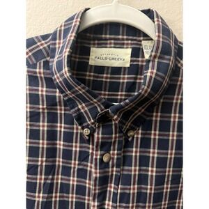 Falls Creek Mens XL Plaid Button Down Shirt Navy Blue Red Short Sleeve Pocket